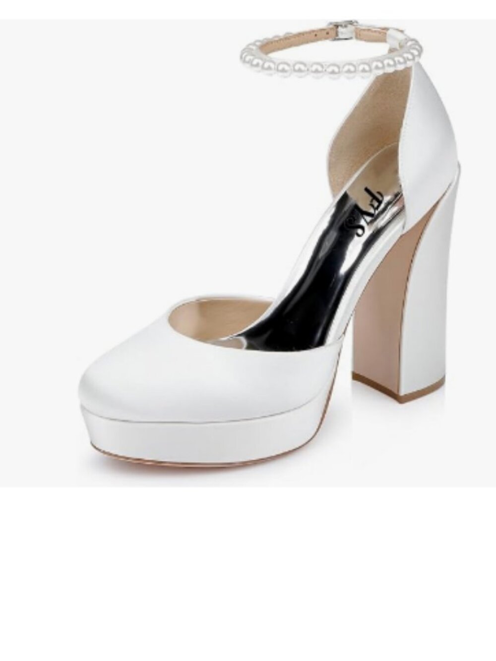 FYS White Round Toe Glaring Platform Chunky Heels Bejeweled Ankle Strap Pump